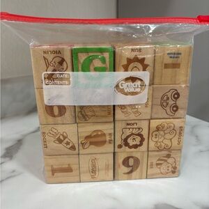 Wooden Alphabet and Number Blocks - Natural Wood with Green Accent